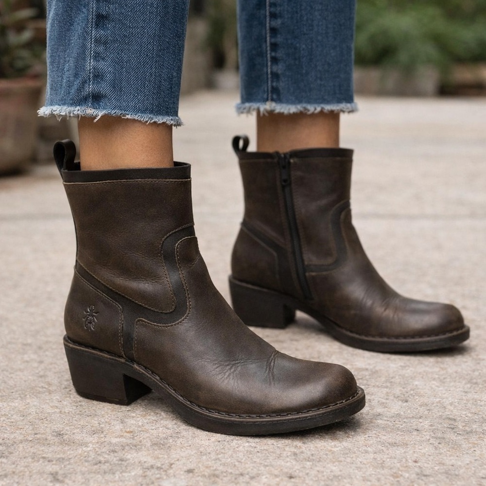Fly London Mizi Brown Leather Boots 37 US 6-6.5 Casual Moto Chunky Heel Zip